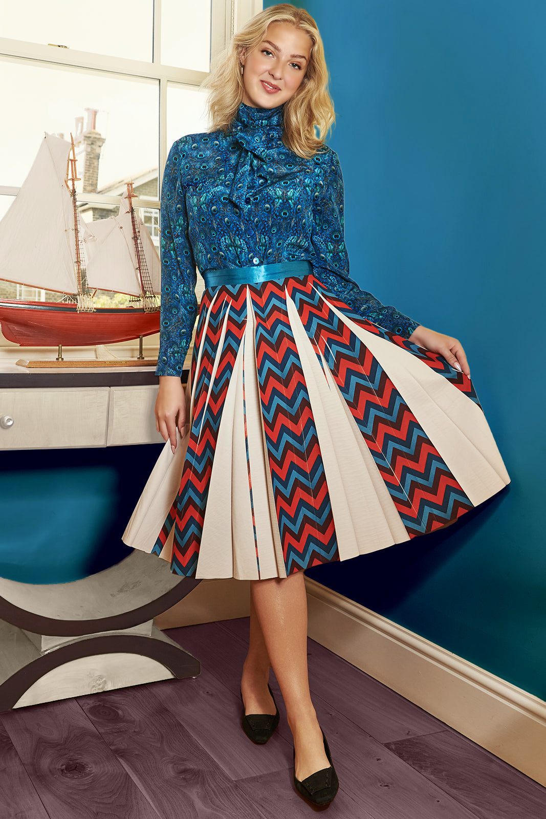 Chevron A-line Pleated Skirt
