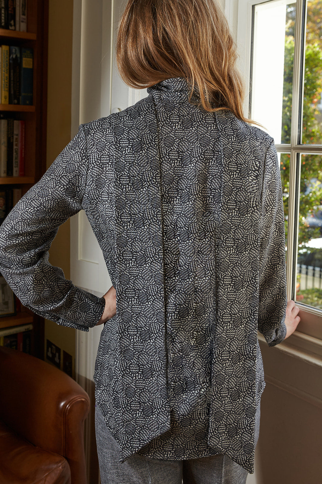 Monochrome Mosaic Tie-Neck Blouse