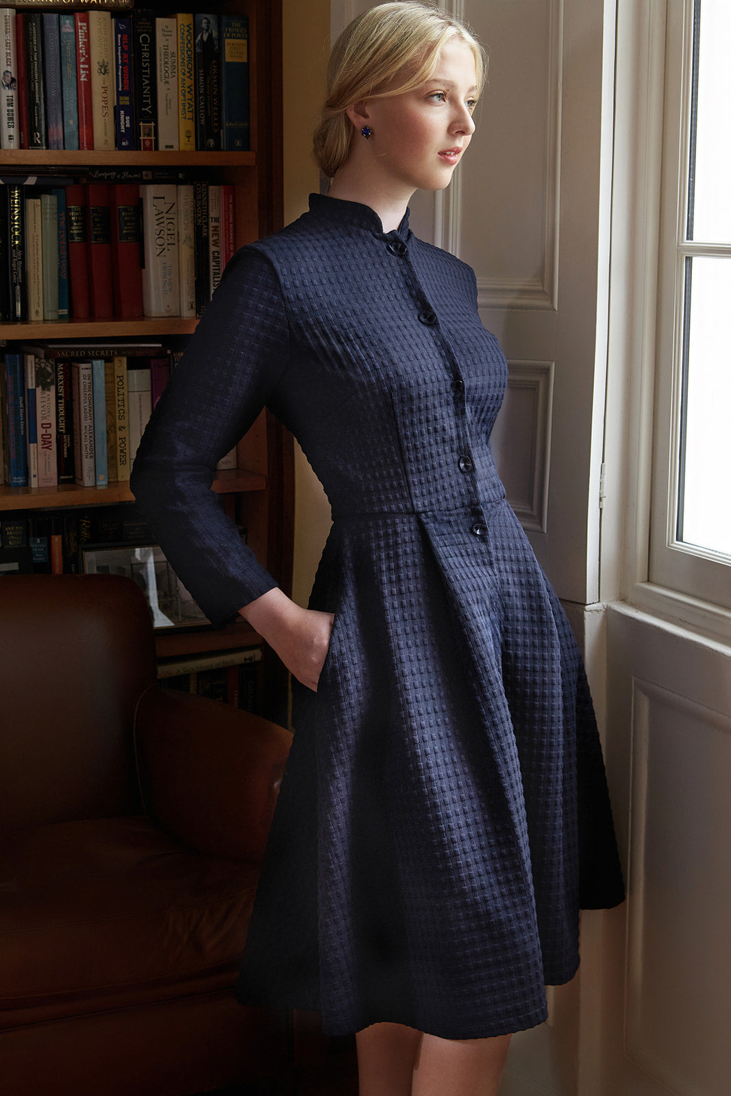 Navy Chequered Midi Shirt Dress