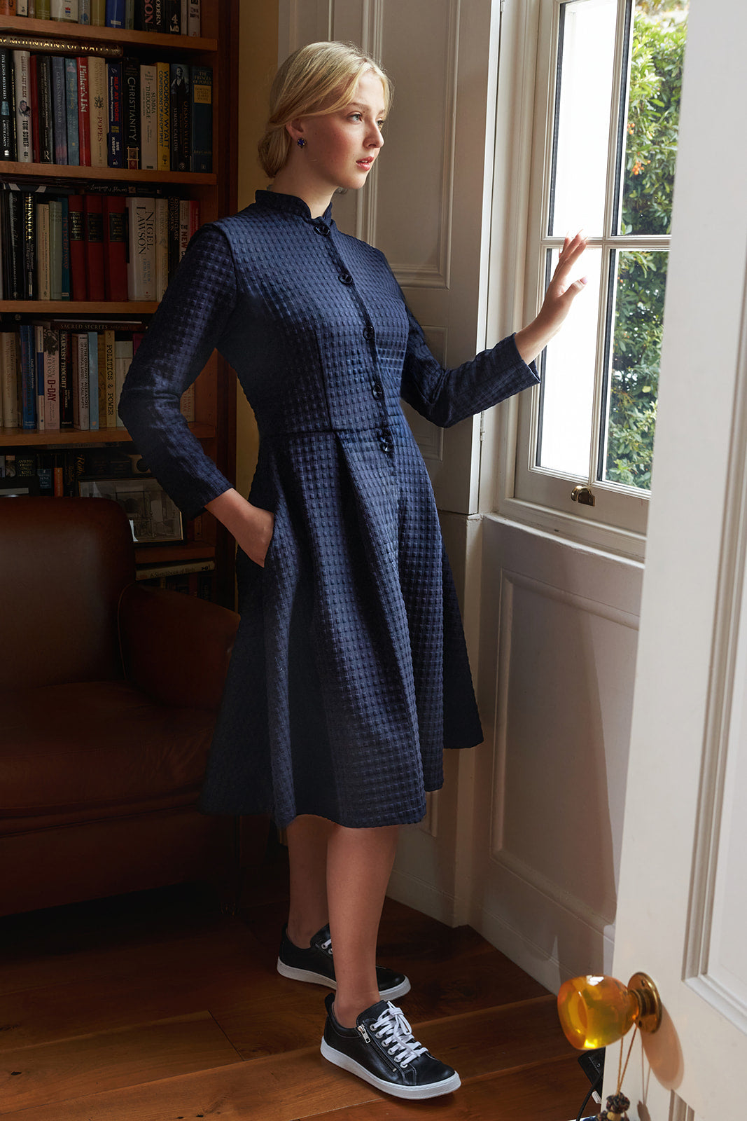 Navy Chequered Midi Shirt Dress