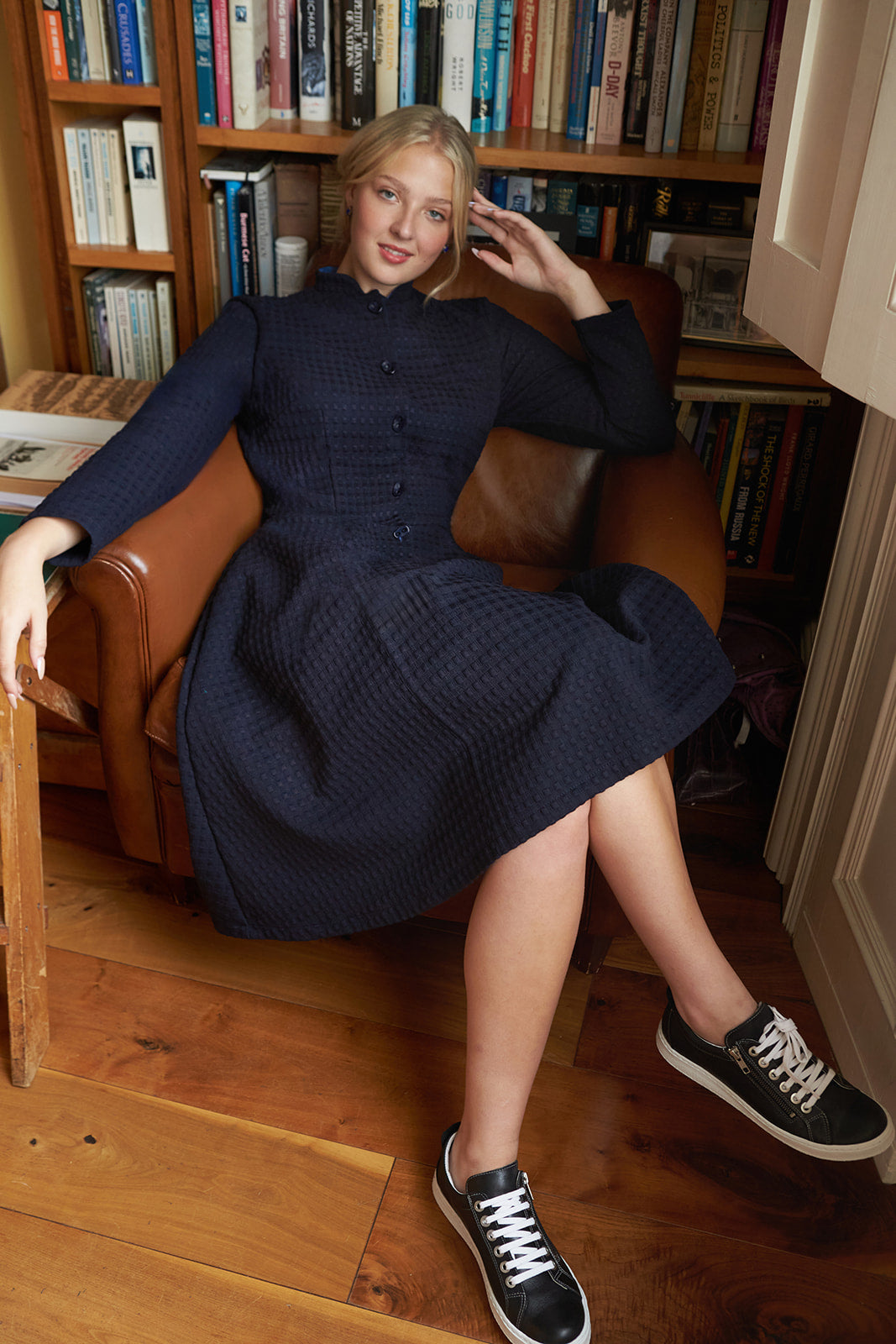 Navy Chequered Midi Shirt Dress