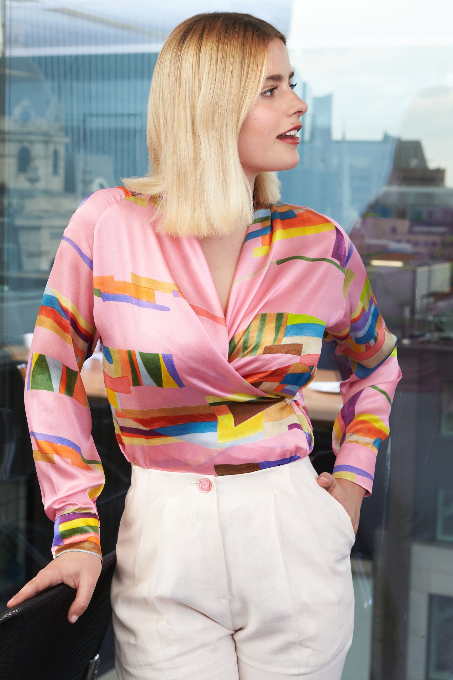 Cross front pink Italian satin blouse