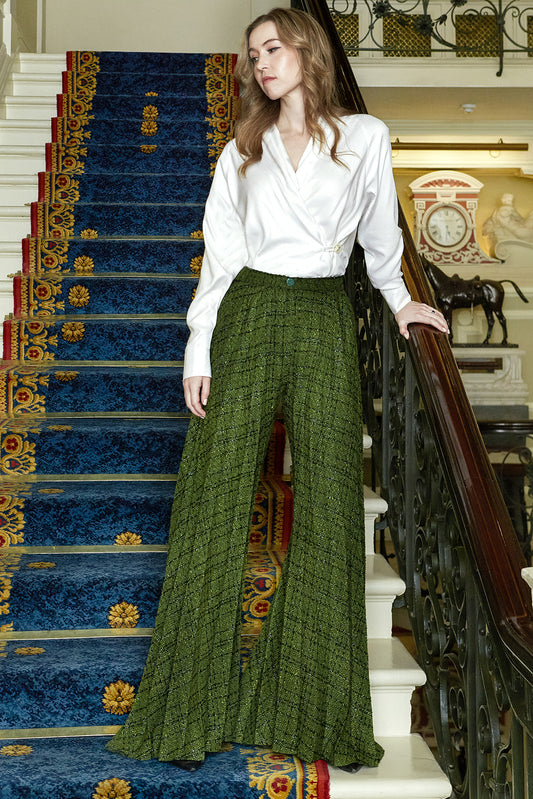 Emerald Herringbone Palazzo Trousers